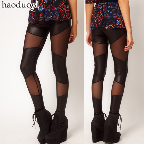 Symmetrical multiple pieces of leather yarn splicing Leggings black leggings