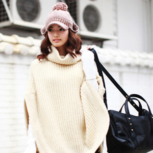 Sz loose turtleneck medium-long thick sweater pullover outerwear wool knitted cape cloak women's