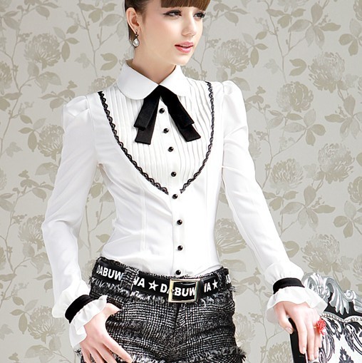 T-2012 spring and summer women's bow turn-down collar slim crumple long-sleeve shirt