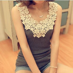 T-280 flower daisy petal lace crochet cutout patchwork thread cotton basic spaghetti strap vest