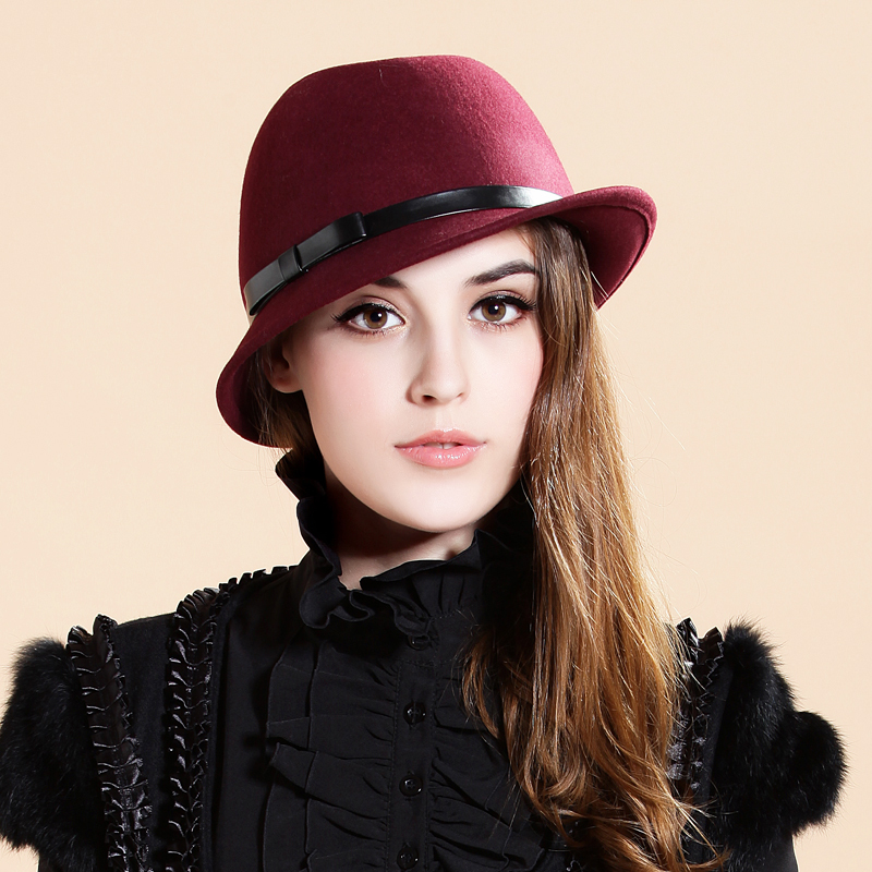 T bow fashion Wine red vintage fedoras spring and autumn winter woolen hat female hat female