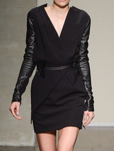 T deep V-neck leather patchwork slim waist winter basic women's one-piece dress