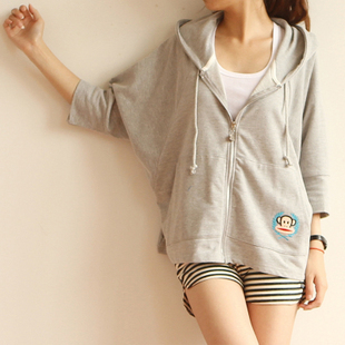 T embroidered hooded solid color three quarter sleeve cardigan sweatshirt female