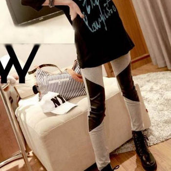 T Legging female plus size spring and autumn fashion faux leather patchwork 100% cotton legging pencil pants