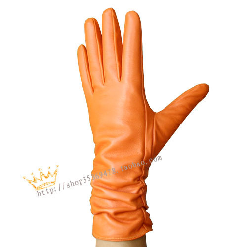 T star pleated high quality suede short medium-long women's genuine leather gloves orange