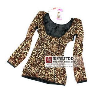 T057 underwear winter velvet cotton 100% women's large collar low collar leopard print long-sleeve thermal underwear