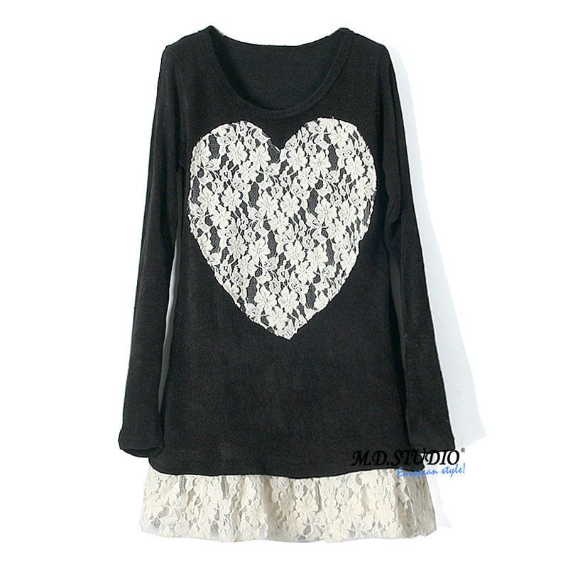 T4171 flowers spring and summer lace heart ruffle basic long-sleeve sweater