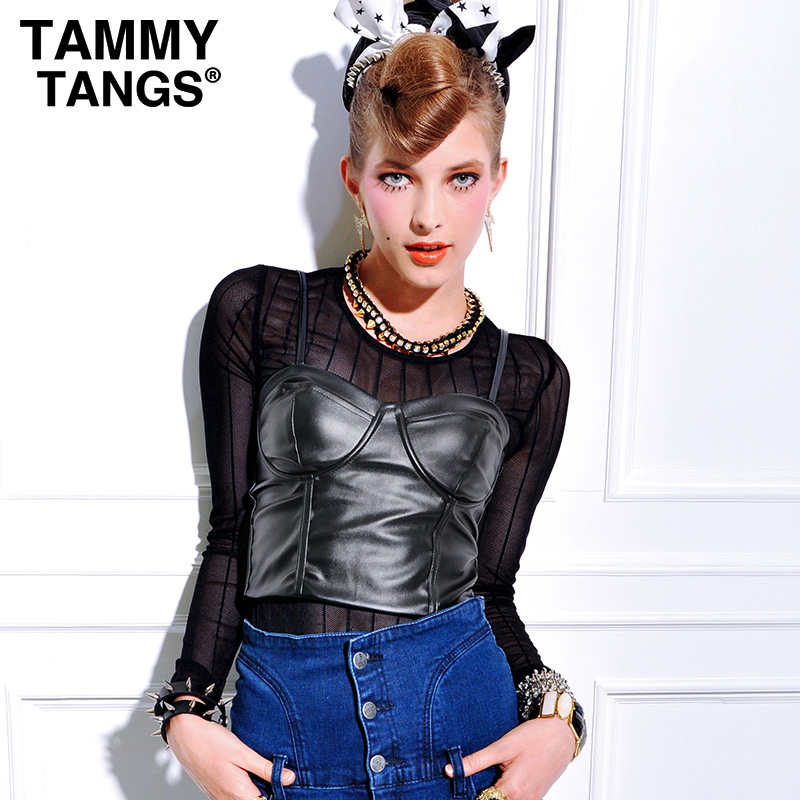 Tammytangs2012 autumn new arrival women's halter-neck leather tube top tube top basic spaghetti strap top small vest female