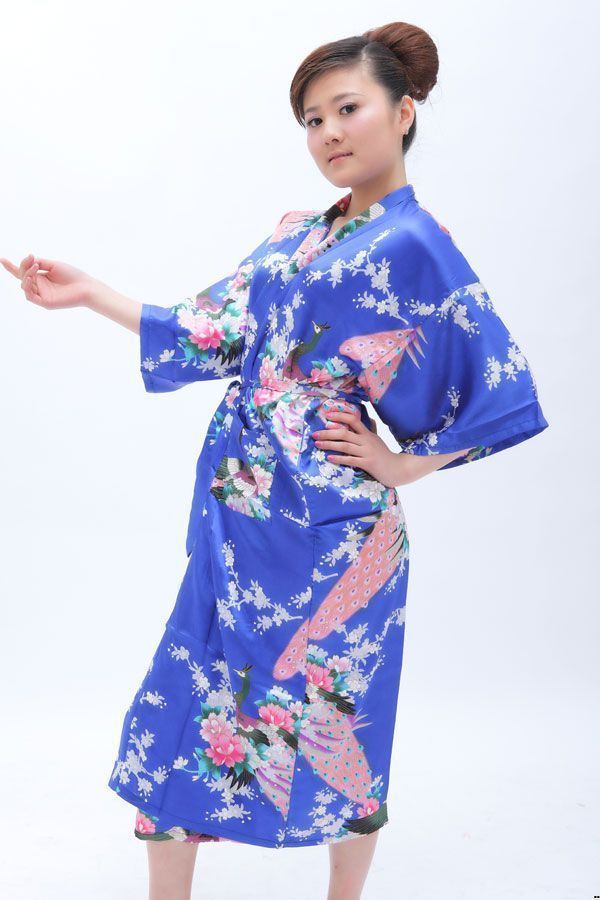 Tang suit chinese style dress comfortable casual robe women's summer sleepwear d1 peacock robe navy blue