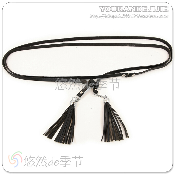 Tassel charm double-circle women's genuine leather thin belt ring tieclasps decoration cowhide strap a0259 (BL003)