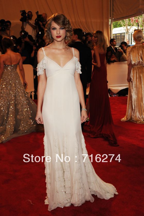 taylor_swift  Ivory Spaghetti Strap A Line Charming Rouched Ruffles  Rouched  Sexy Chiffon  Celebrity Dresses Prom Gown