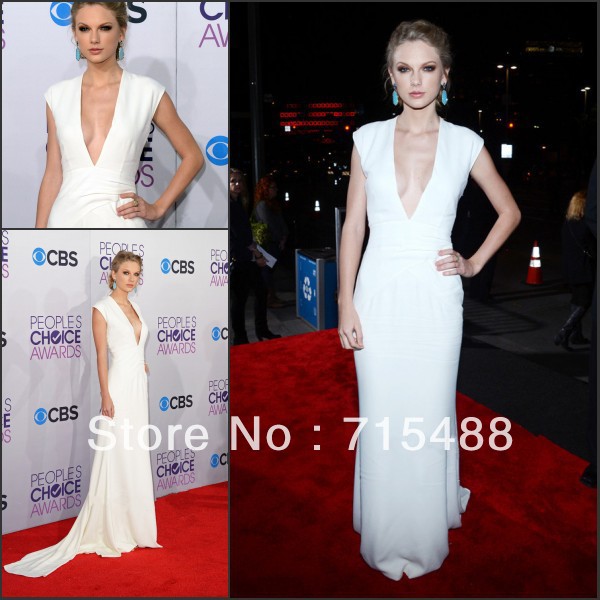 Taylor Swift White Color V-neck Cap Sleeve 2013 Imitation Celebrity Dresses