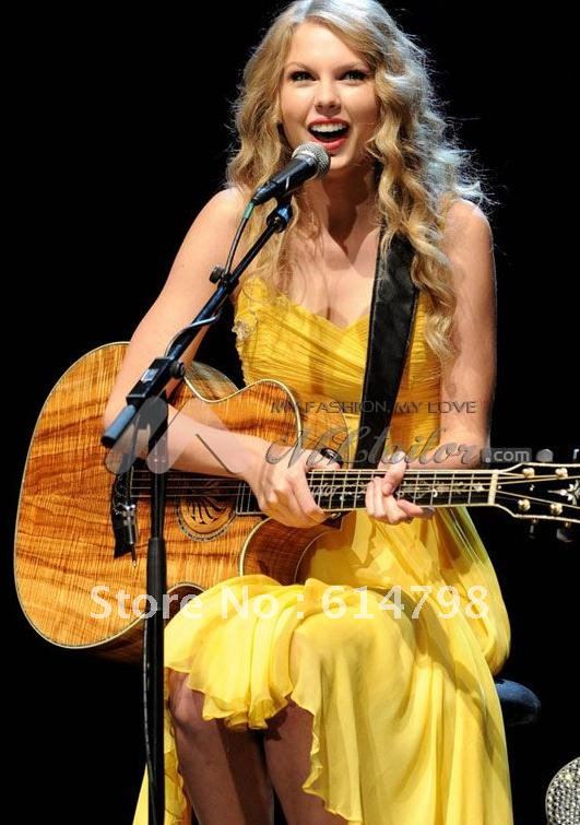 Taylor Swift Yellow Free Shipping Spaghetti Strap A-line Ruffles Knee Length Chiffon Celebrity Dress/Evening Dress CLD13