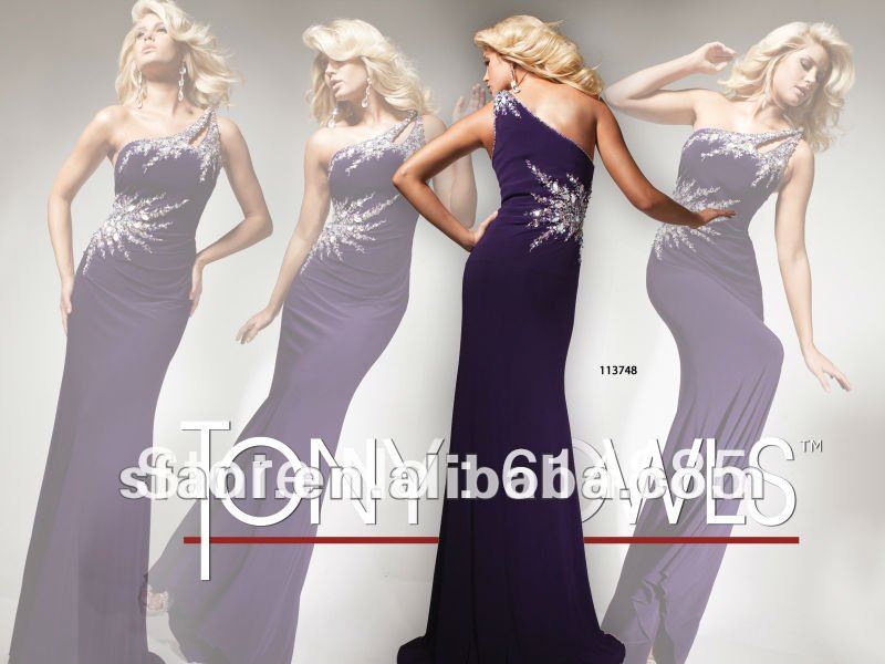 TB-008 Newest Sexy Close-Fitting Beaded One-Shoulder Backless Purpler Tony Bowls Chiffon Evening Dress 2012