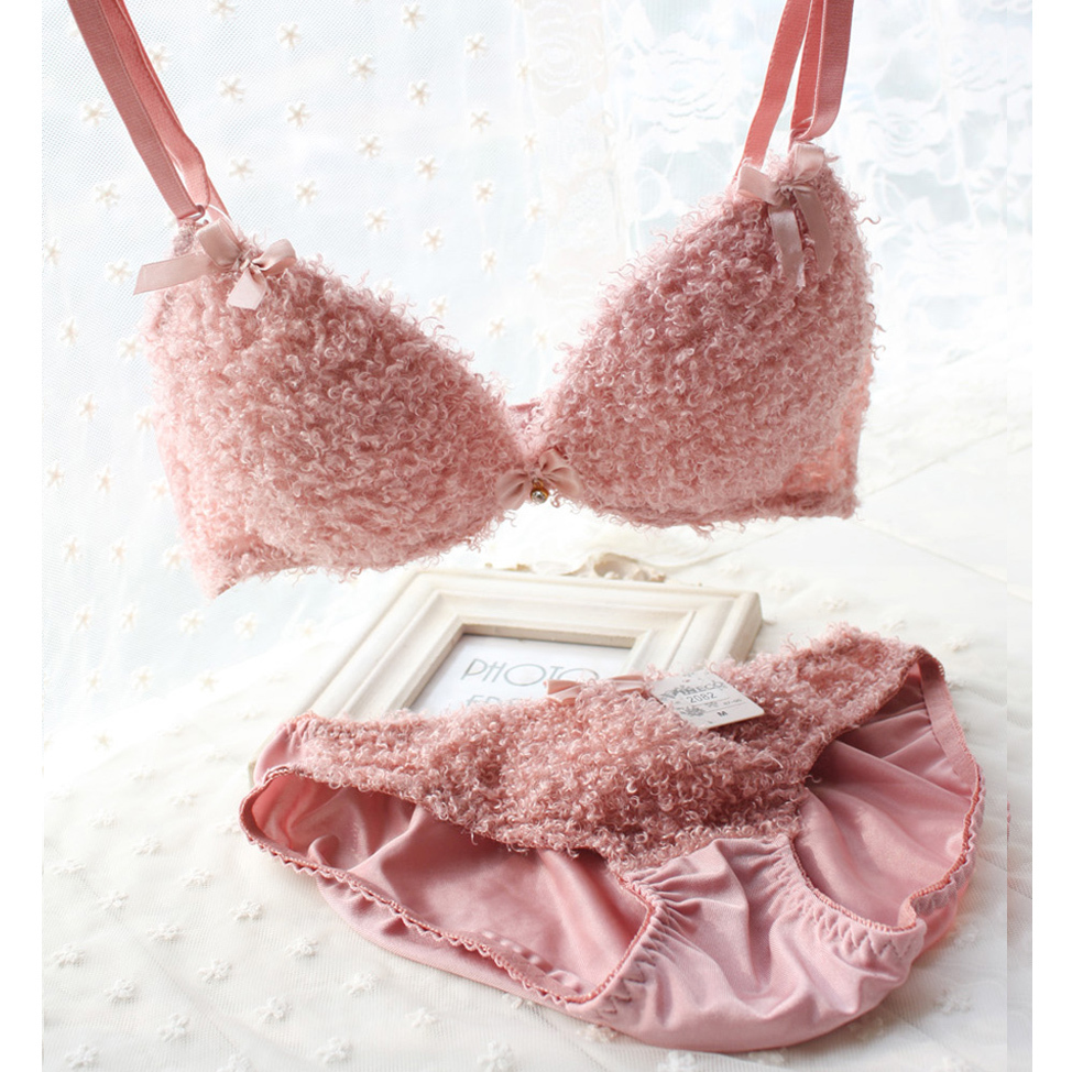 Teddy plush underwear set pink princess autumn and winter furry push up bra set