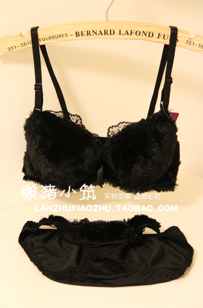 Teddy plush warm women's bra lace bra underwear set 4022 black