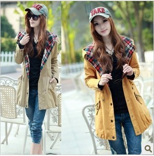 Teenage female spring and autumn plaid casual hooded 100% cotton loose juniors clothing trench