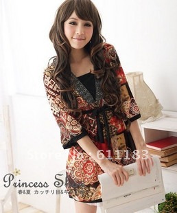 Temperament ice cotton quality guarantee 2012 trend vintage V-neck beach bohemia dress SK31 two color Fast/freeshipping