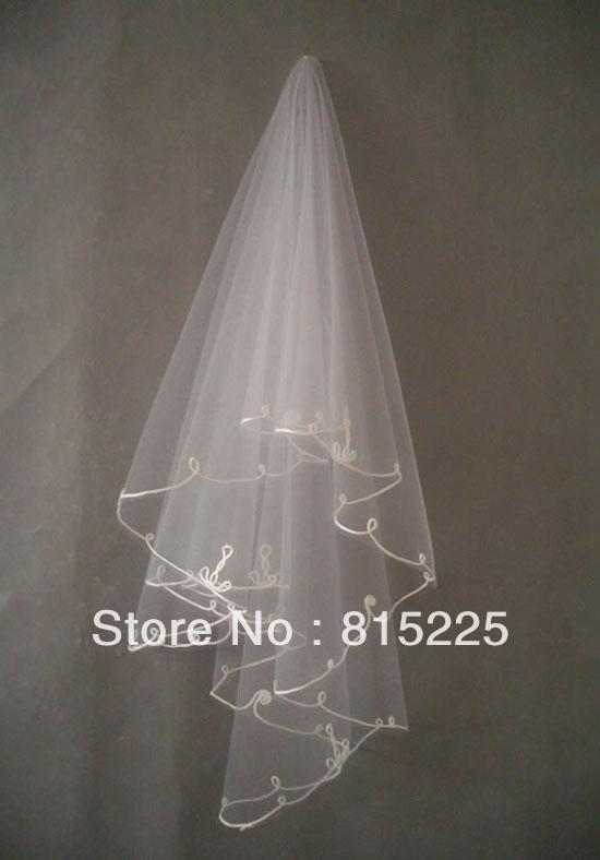 Tempting Elegant Elbow Length Wedding Accessories Bridal Decoration Veils White Tulle Ribbon Edge Two Layer rocheted