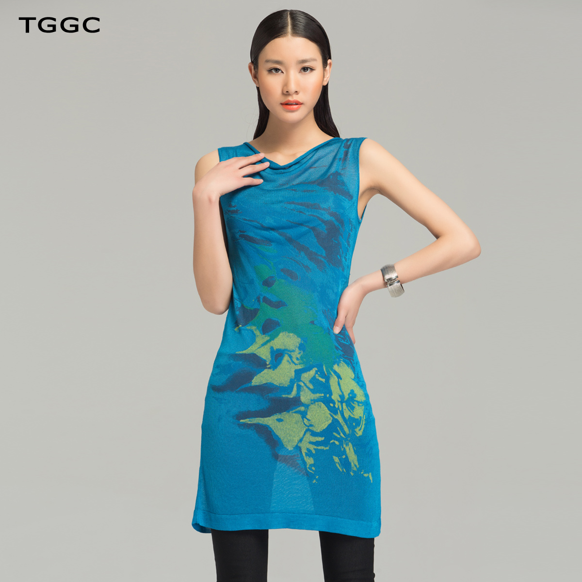 Tggc 2013 spring women's print cutout medium-long sleeveless sweater shirt s01206