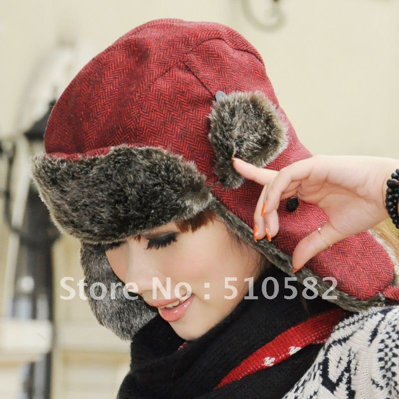 Thantrue 2pcs of lovers lei feng  women's fashion hat slanting stripe woolen ear roll-up hem winter hat Free Shipment MF0023 2pc