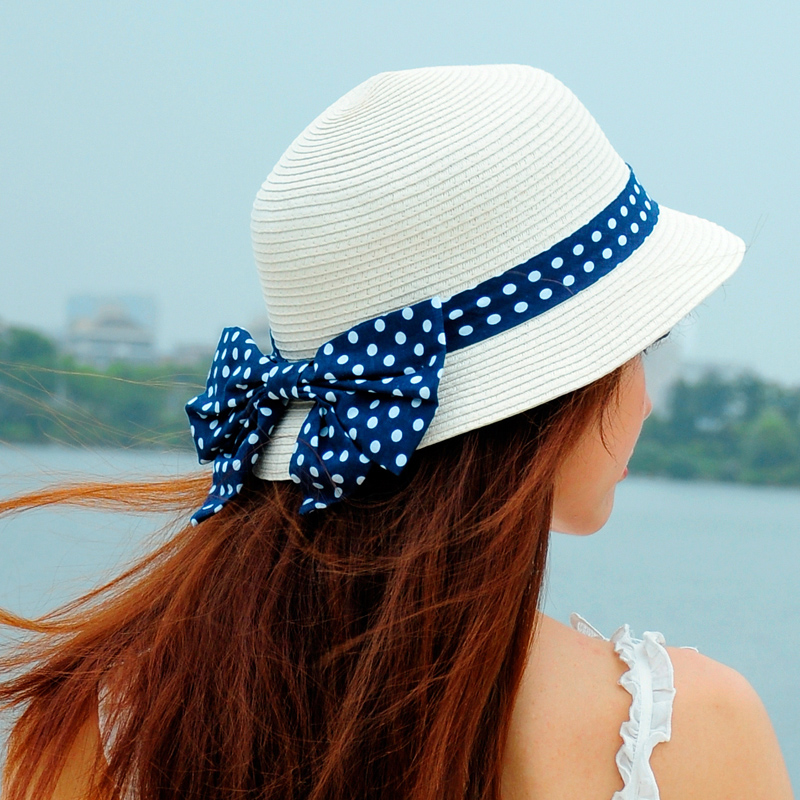 Thantrue dot bow summer straw braid dome hat women's short brim sun-shading bucket hat