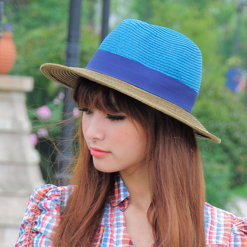Thantrue lovers summer fedoras women's color block decoration strawhat millinery flat straw braid hat