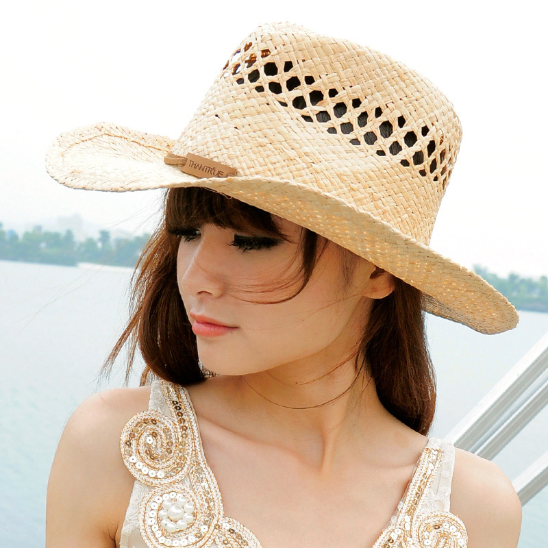 Thantrue lovers summer straw braid cowboy hat fashion leather women's strawhat