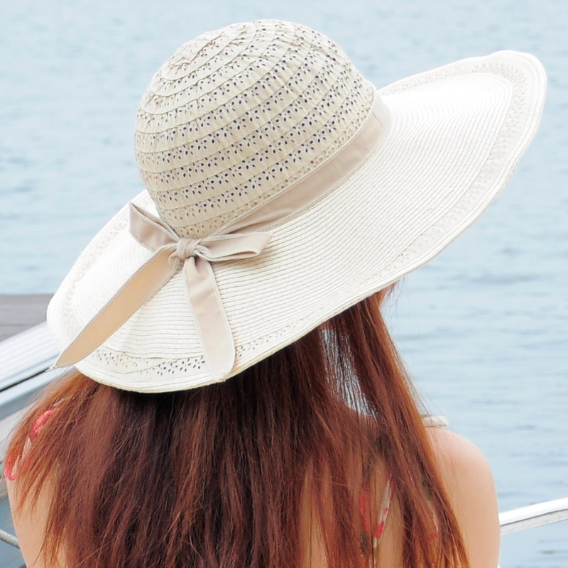 Thantrue summer big beach hat women's straw braid sunbonnet cutout linen blending hat