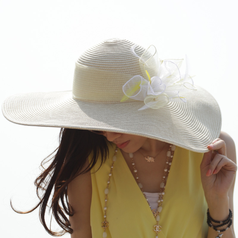Thantrue summer lily strawhat chiffon flower big hat along women's braid straw beach hats