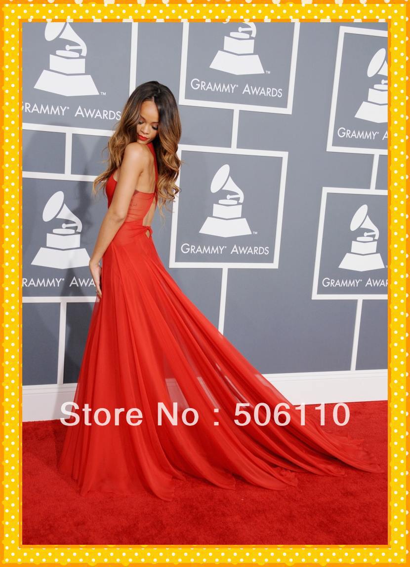 The 55th Grammy Red Carpet Rihanna Red High Neck Chiffon Ruffles Floor length Sexy Celebrity Dresses Party Prom Dress Gowns