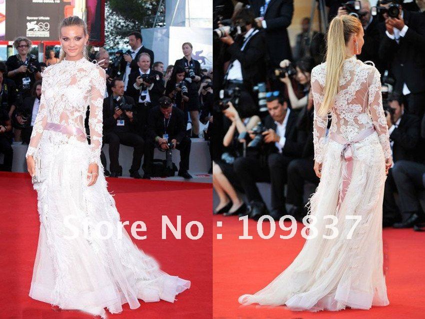 The 69 Venice Film Festival Awards Red Carpet Dress A Line High Collar Tulle lace Feathers White Celebrity Dress With Sleeves