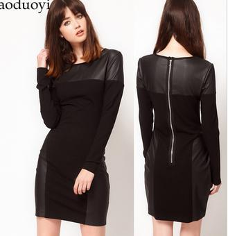 The black knitted PU leather stitching back long zipper autumn and winter long-sleeved dress bomb Dress