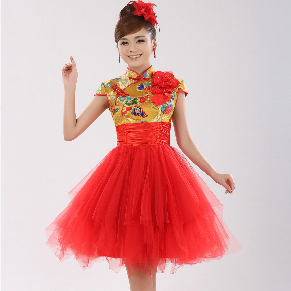 The bride gold robes red bride wedding dress cheongsam improved short design lf507