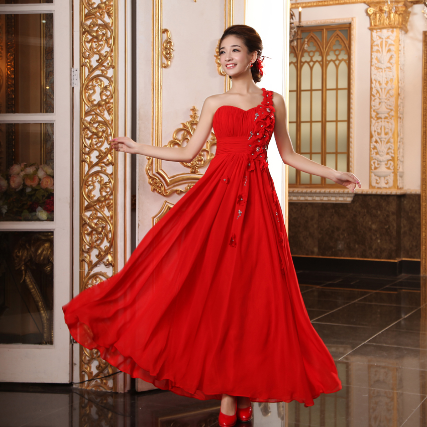 The bride married long design formal dress elegant one shoulder red evening dress banquet evening dress formal dress