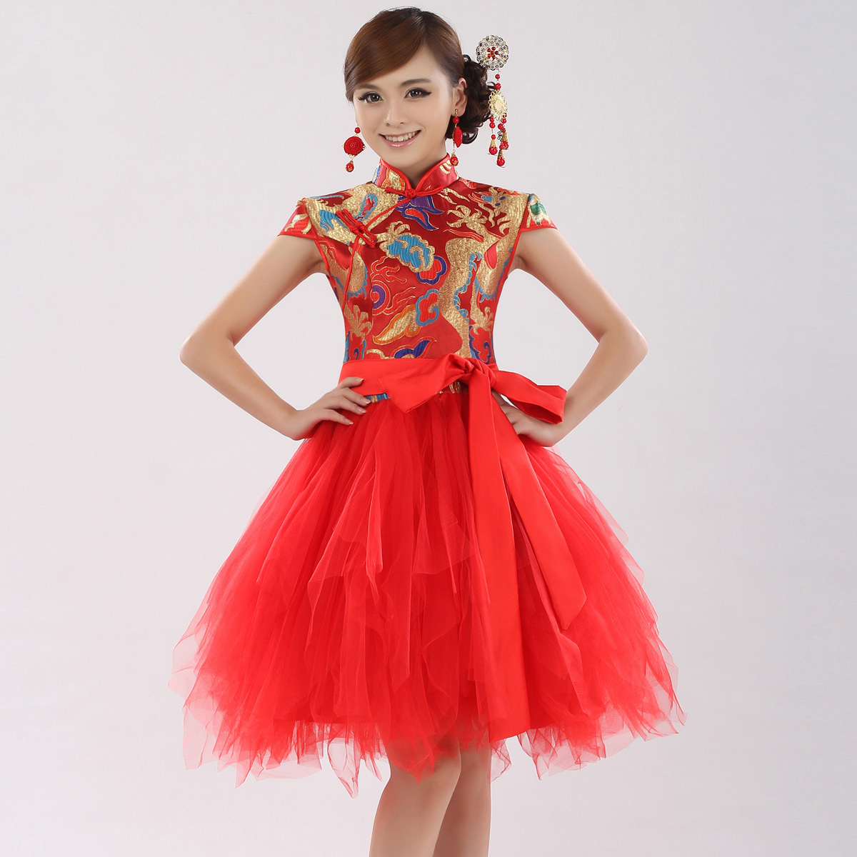 The bride red fashion design vintage short cheongsam improved robes chinese style wedding dress lf501
