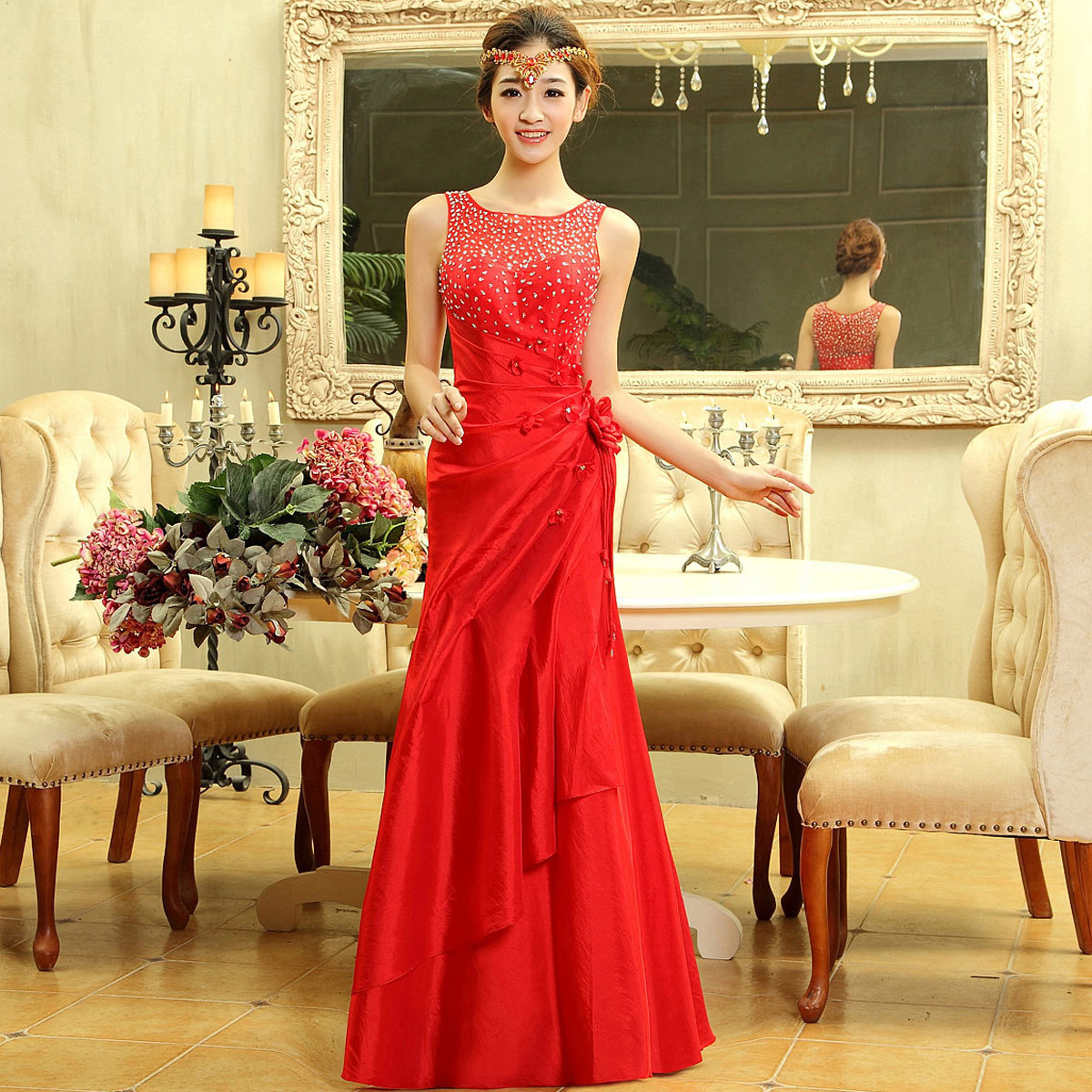 The bride red long design formal dress 2013 beads evening dress the bride double-shoulder slim evening dress