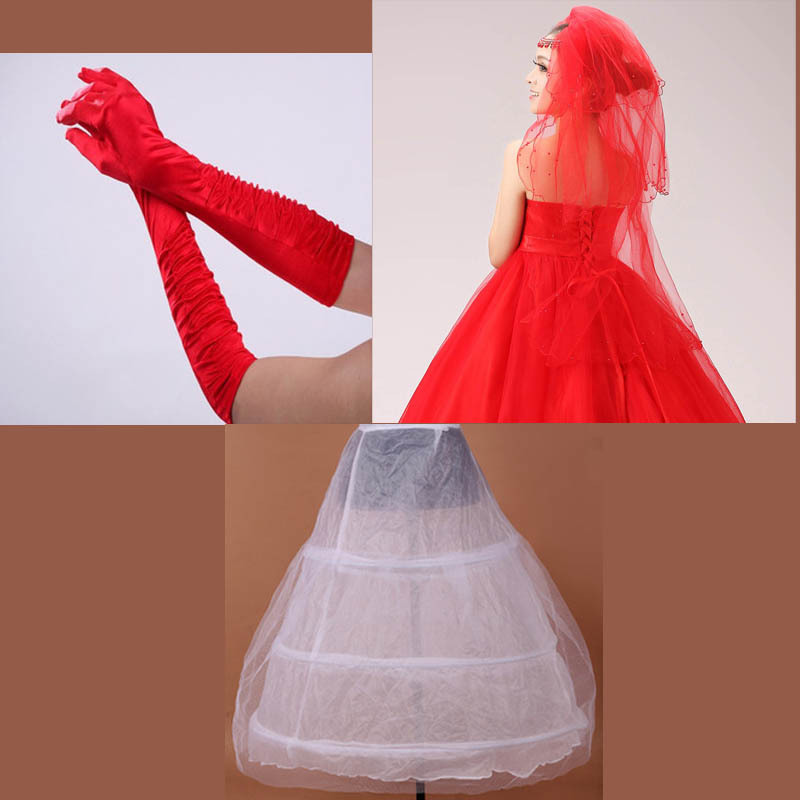 The bride red piece set formal wedding dress accessories veil pannier gloves bundle