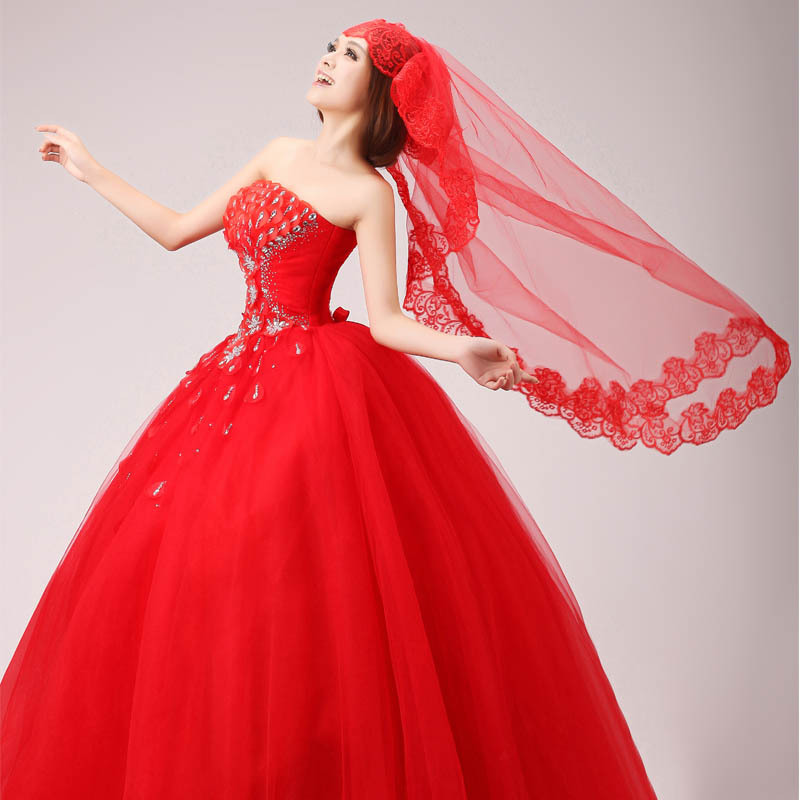 The bride red quality veil embroidered laciness bride red veil