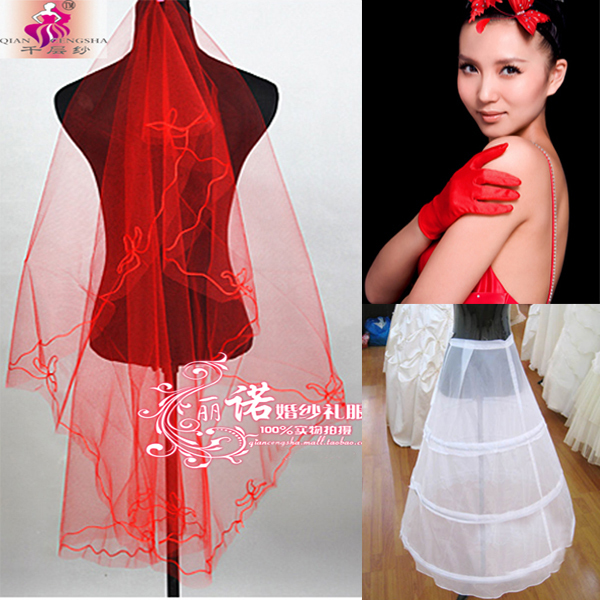 The bride wedding accessories veil gloves pannier triangle set winter red white pink tsq002