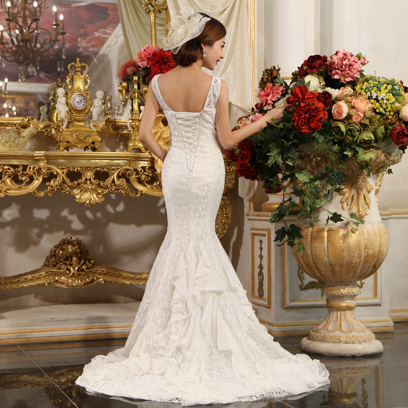 The bride wedding dress formal dress 2012 sexy deep V-neck luxury lace slim waist fish tail train
