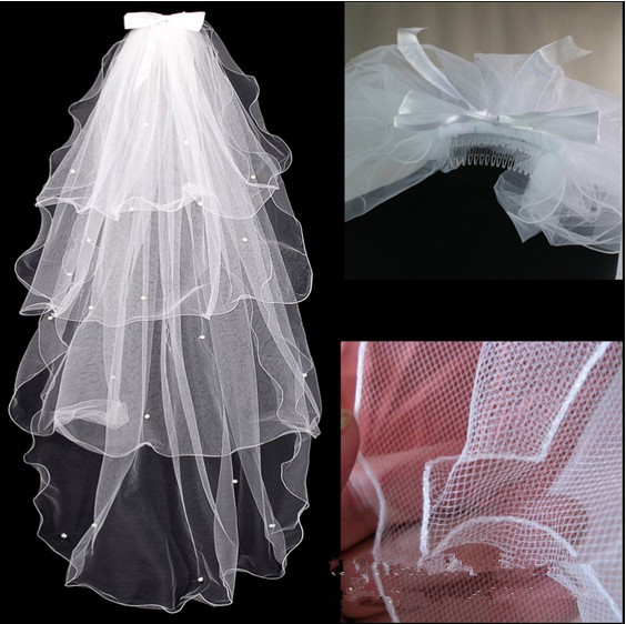 The bride wedding dress formal dress fish thread roll-up hem bow white pearl veil 1 meters 2 hair accessory