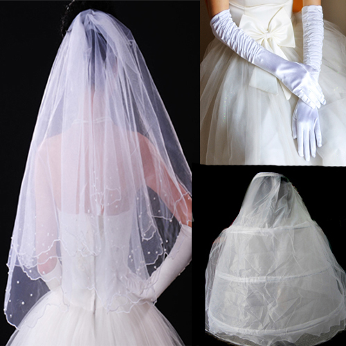 The bride wedding dress gloves veil piece set long design tqs9
