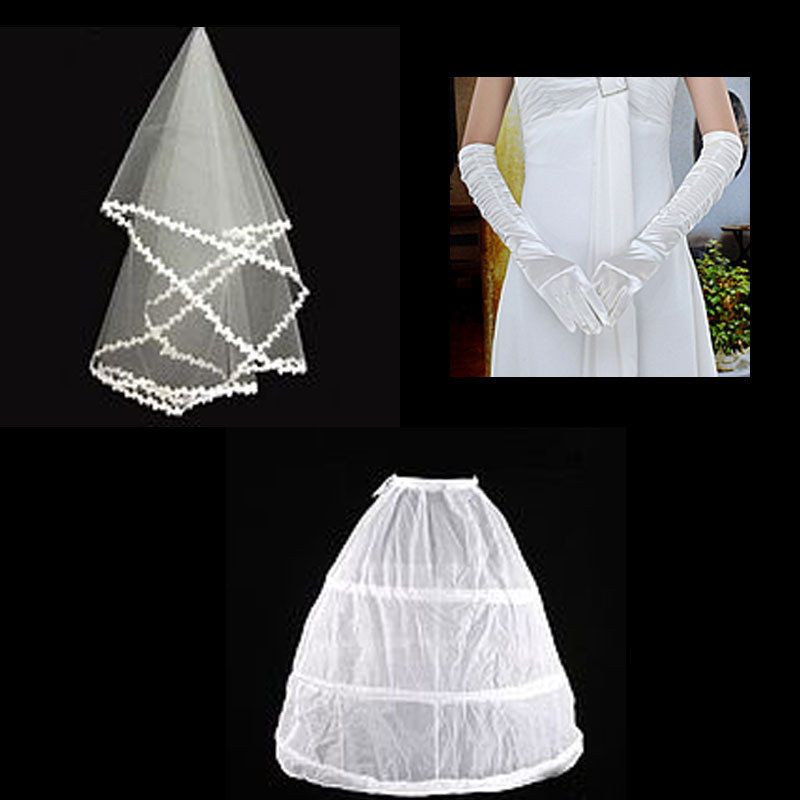 The bride wedding dress piece set laciness veil white satin gloves wedding dress 3 panniers *
