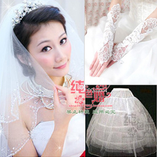 The bride wedding dress veil handmade bead soft net veil pannier long design embroidery gloves piece set