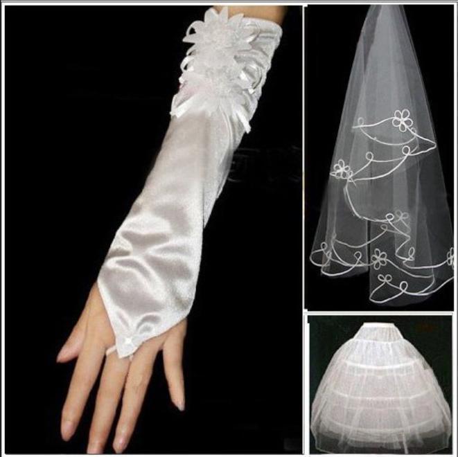 The bride wedding dress white beige veil gloves pannier piece set 007