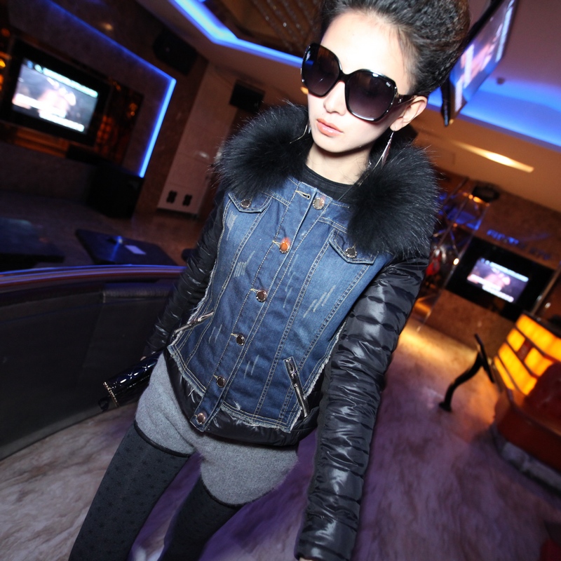 The disassemblability 1.15 raccoon fur color block denim cotton wadded jacket outerwear