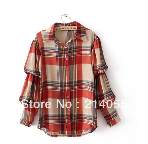 The fashion style 2013 women's chiffon plaid shirt/long sleeve shirt/fashion classic/lapel mail clothing bag used for travel