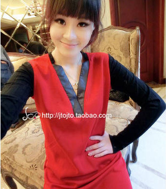 The fight leather stitching knitted Xiunei plus velvet winter models V-neck bottoming dress
