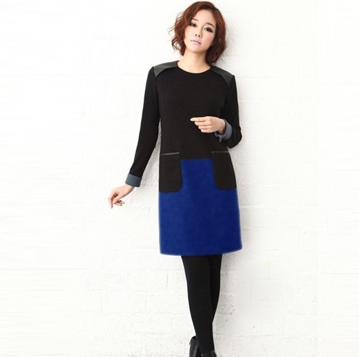 The hit color PU leather stitching long-sleeved new winter dress